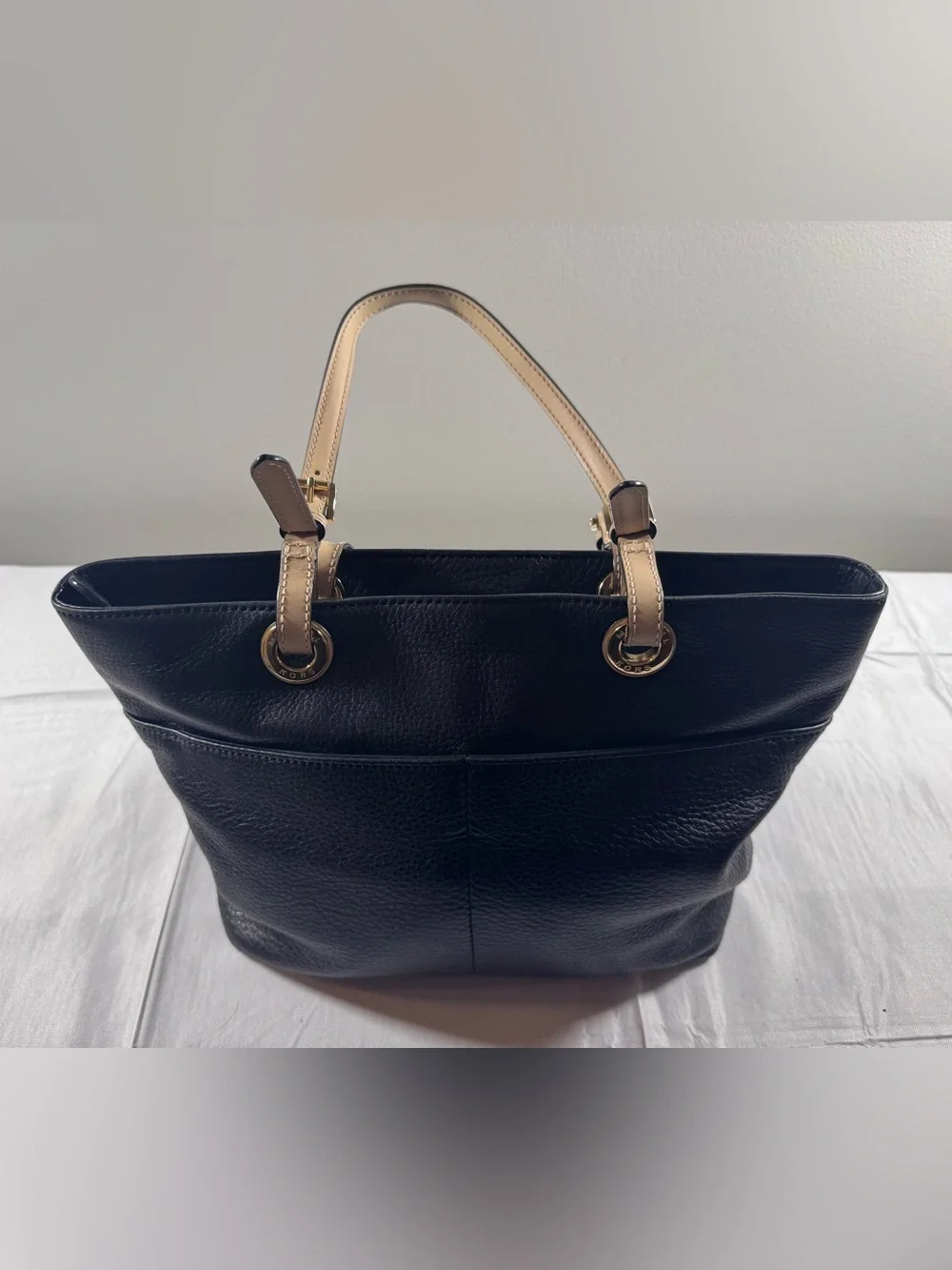 Michael Kors Bedford Black Pebbled Leather Tote with Tan Trim
